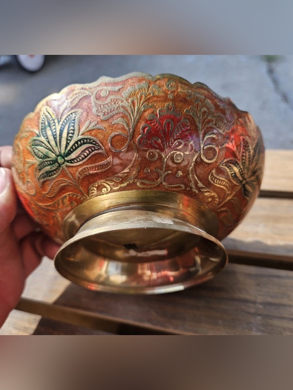 Vintage Made in India Brass Enamel Footed Bowl Butterfly Floral Scalloped
